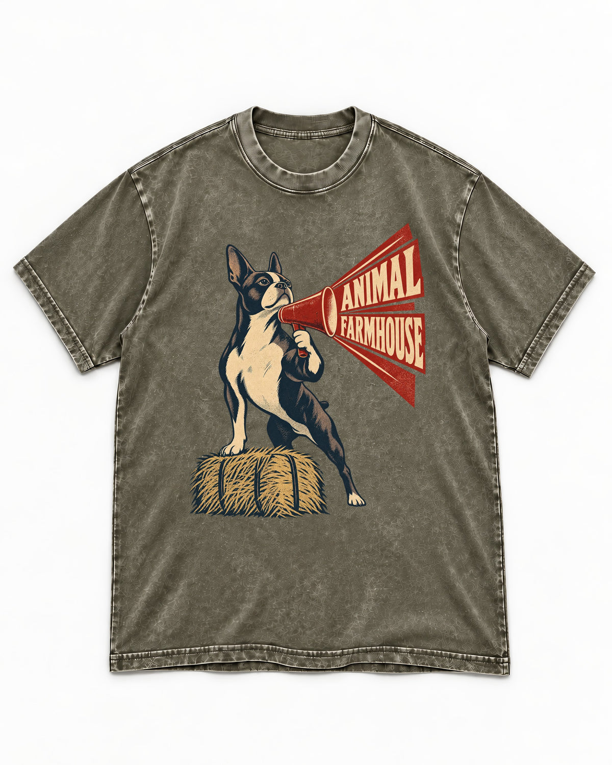 Animal Farmhouse Boston Terrier Washed Tee in Army Green, flat lay product photo