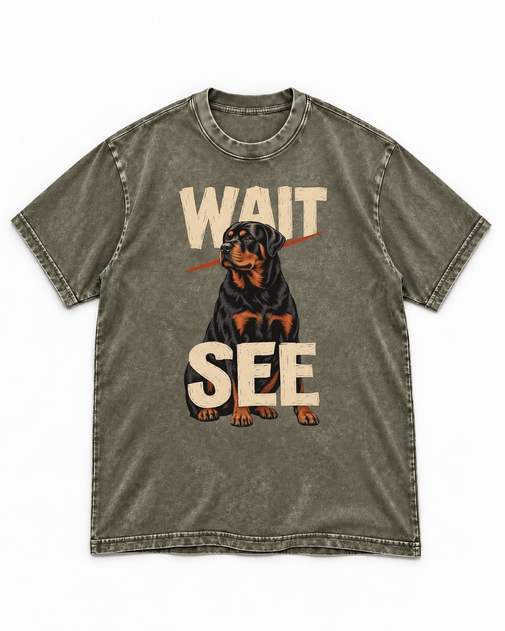 Wait See Rottweiler Seated Slash Graphic Washed Tee in Army Green, flat lay product photo