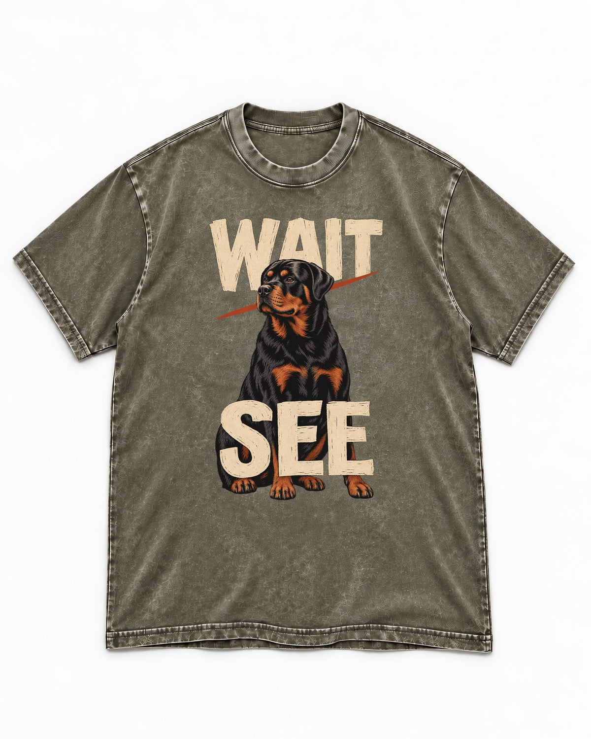 Wait See Rottweiler Seated Slash Graphic Washed Tee in Army Green, flat lay product photo