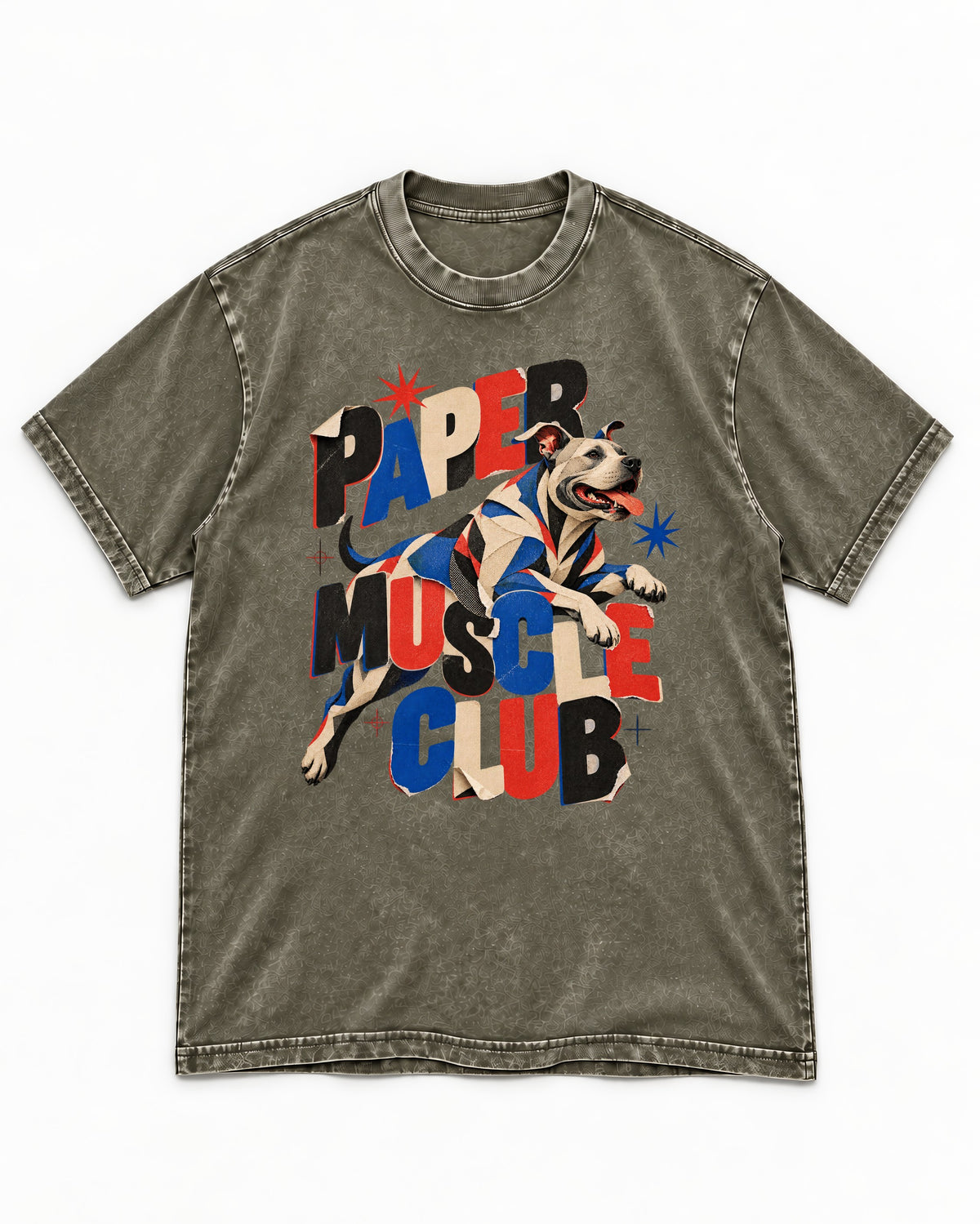 Pitbull Paper Muscle Club Collage Graphic Washed Tee in Army Green, flat lay product photo