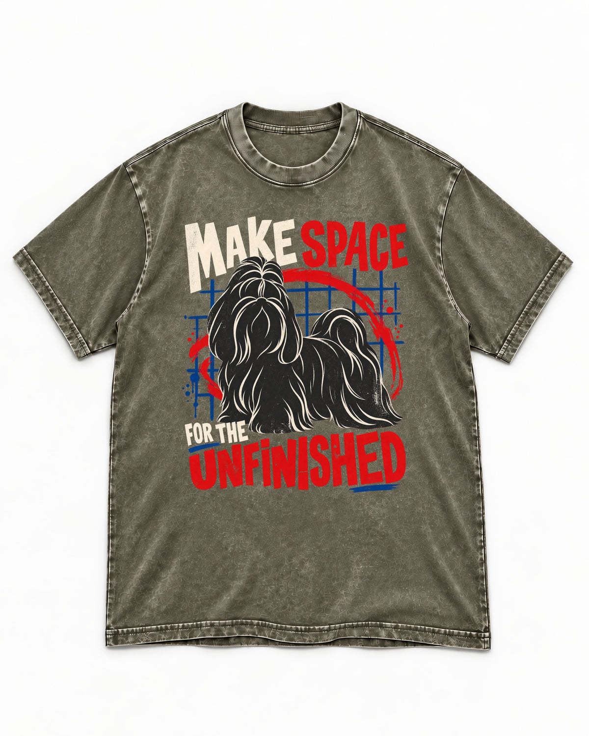Shih Tzu Make Space for the Unfinished Abstract Circle Graphic Washed Tee in Army Green, flat lay product photo