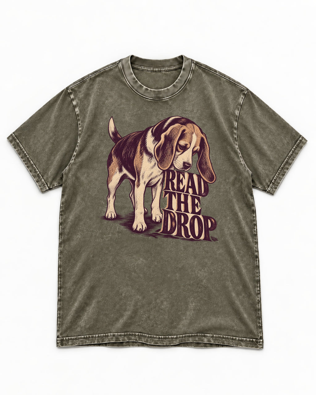 Beagle Read The Drop Washed Tee in Army Green, flat lay product photo