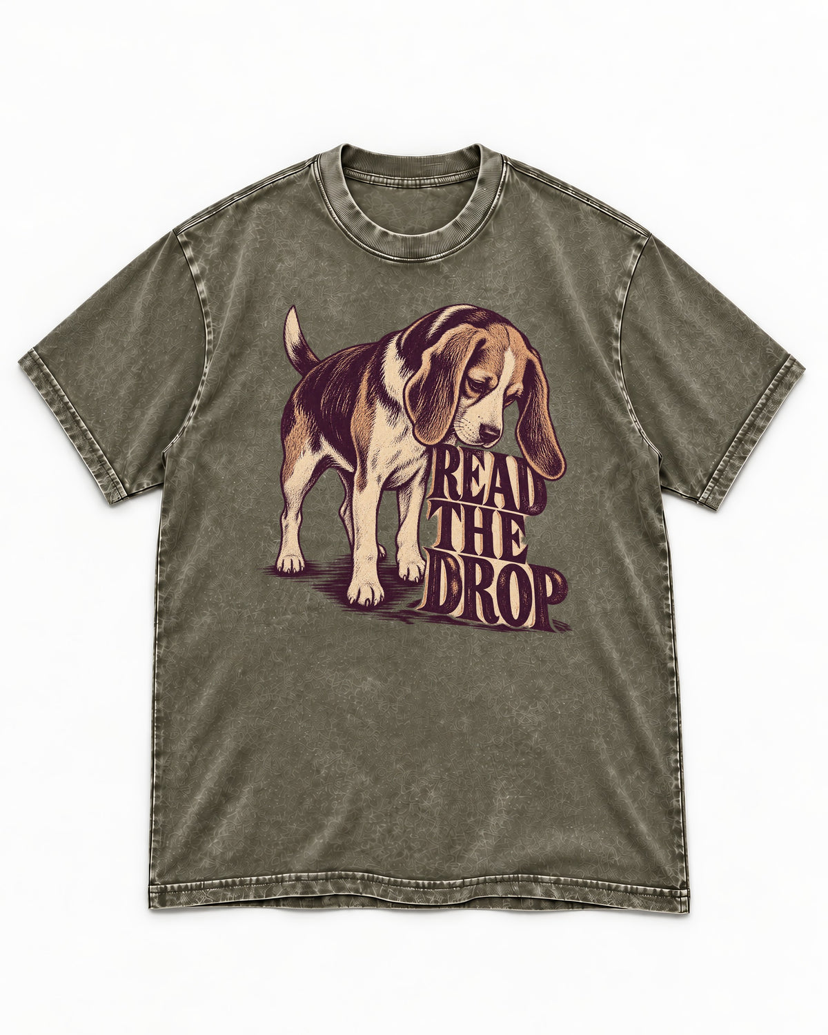 Beagle Read The Drop Washed Tee in Army Green, flat lay product photo