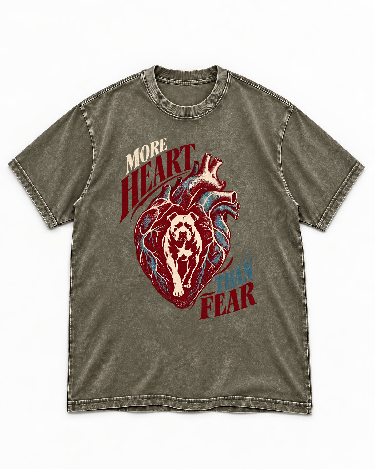 Pitbull More Heart Than Fear Anatomical Heart Graphic Washed Tee in Army Green, flat lay product photo