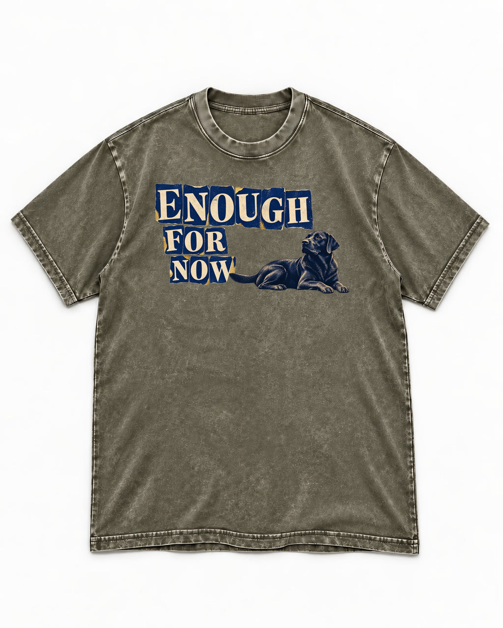 Labrador Retriever Enough for Now Reclining Graphic Washed Tee in Army Green, flat lay product photo