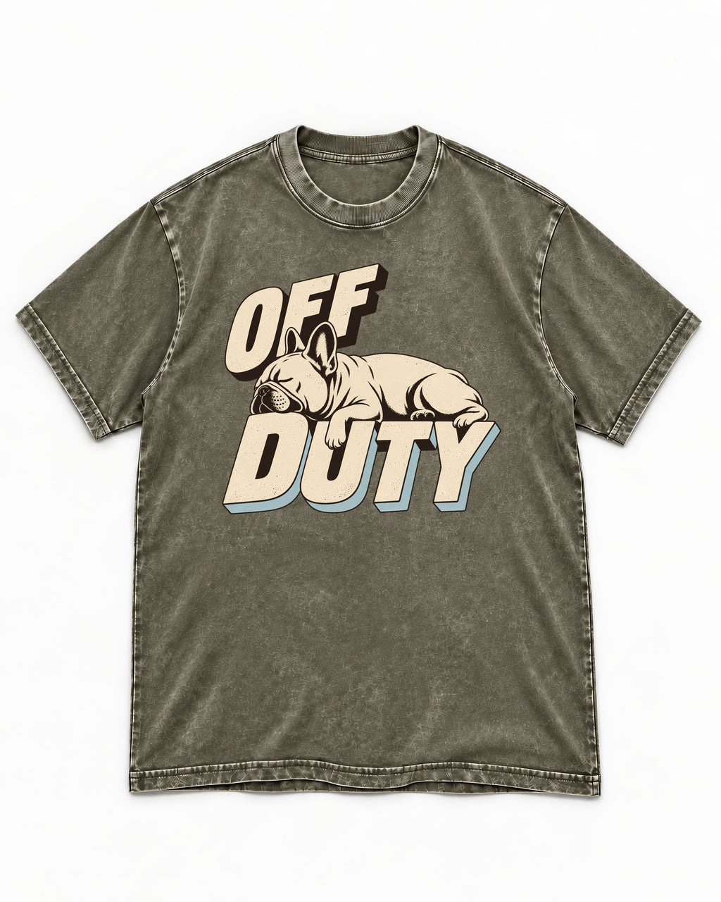 Frenchie Off Duty Sleeping Type Graphic Washed Tee in Army Green, flat lay product photo