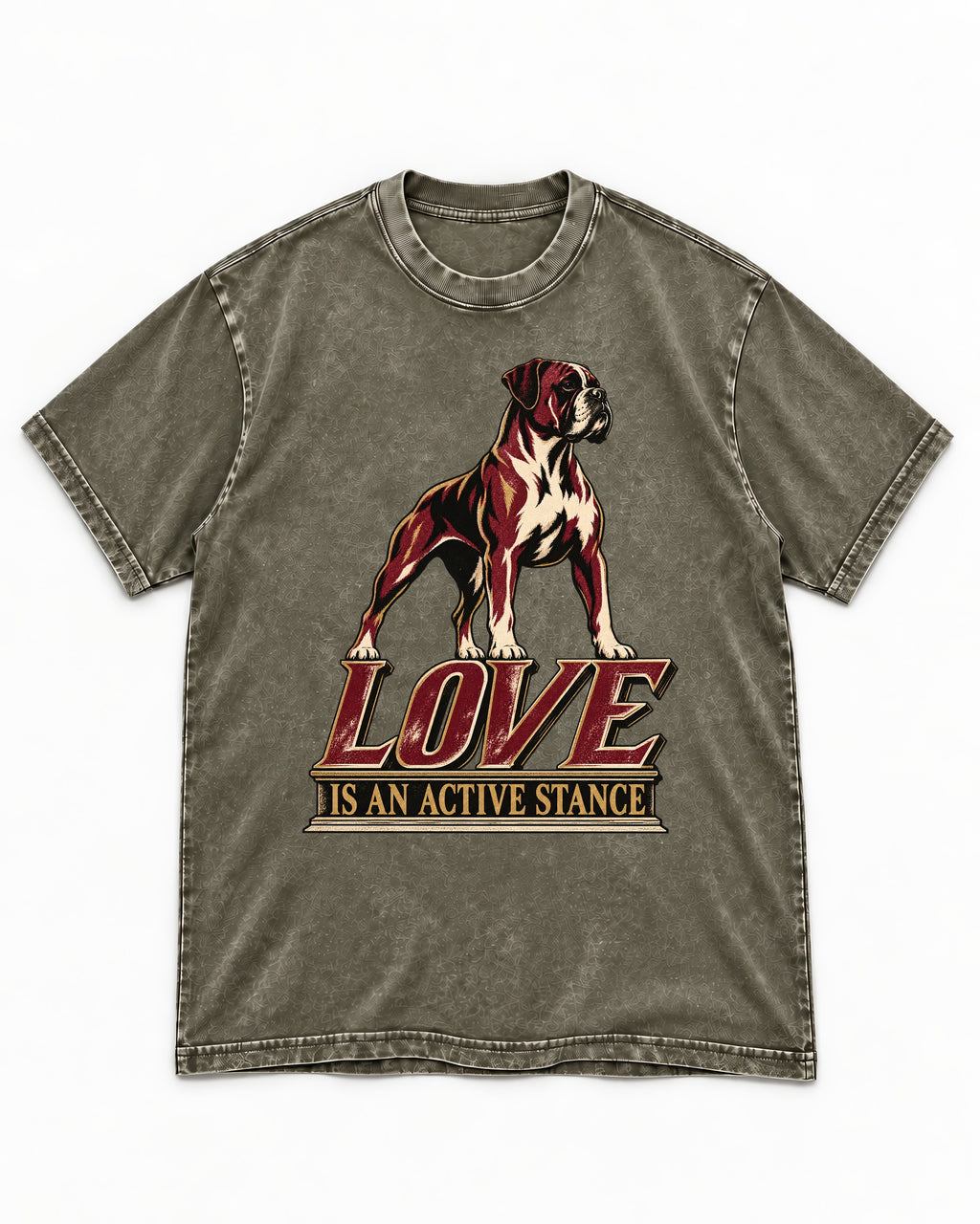 Love Is an Active Stance Boxer Pedestal Graphic Washed Tee in Army Green, flat lay product photo
