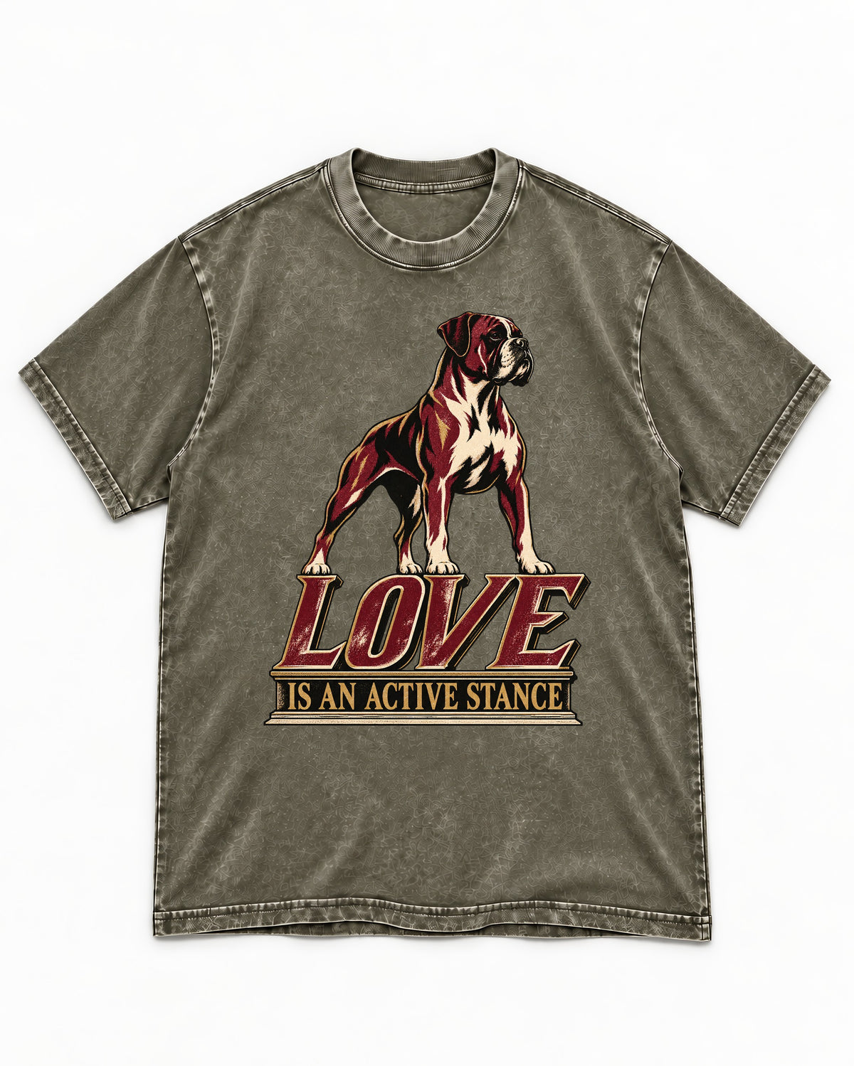 Love Is an Active Stance Boxer Pedestal Graphic Washed Tee in Army Green, flat lay product photo