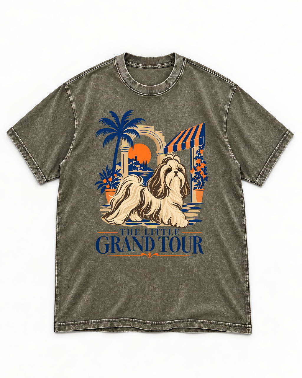 Shih Tzu The Little Grand Tour Mediterranean Courtyard Graphic Washed Tee in Army Green, flat lay product photo