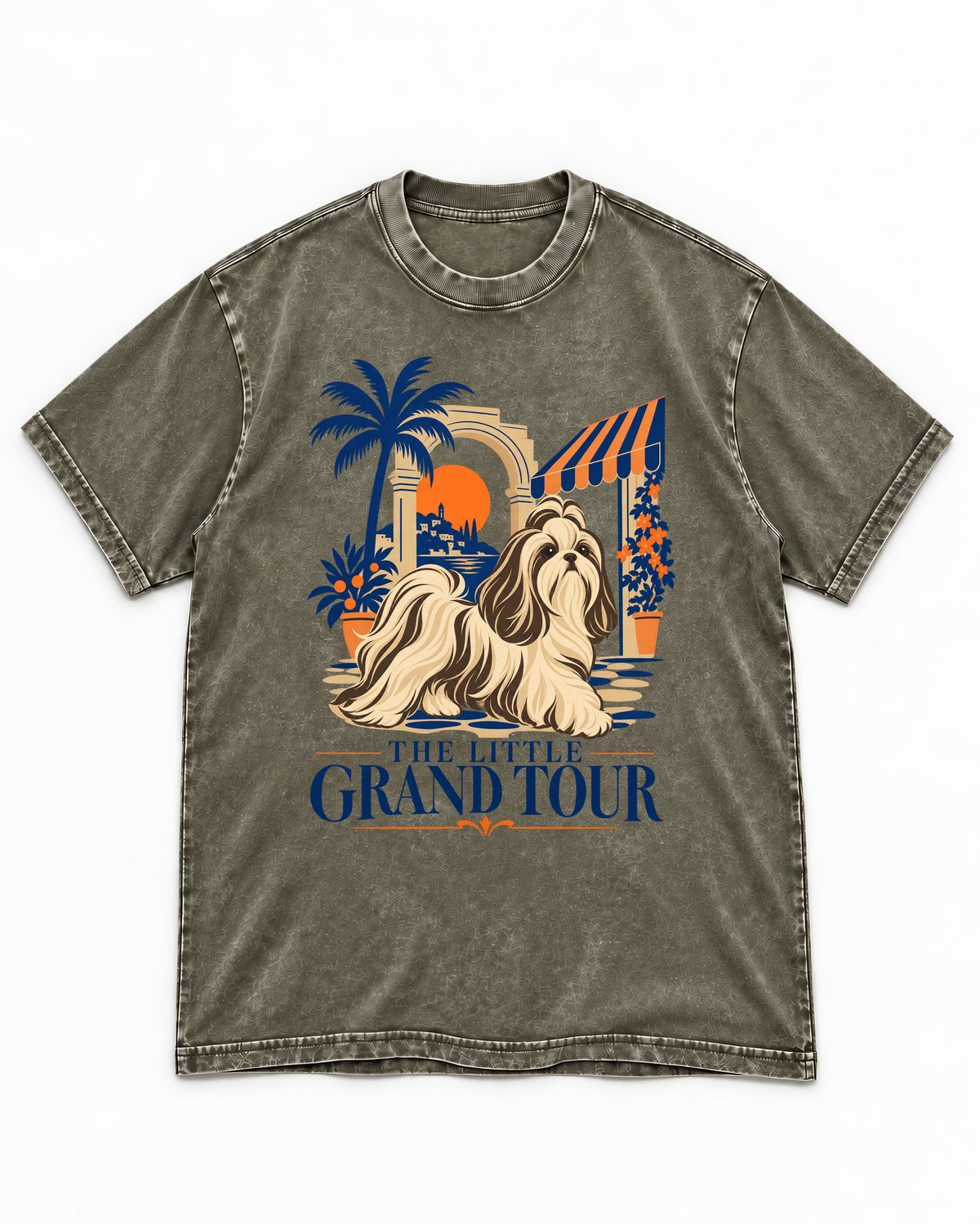 Shih Tzu The Little Grand Tour Mediterranean Courtyard Graphic Washed Tee in Army Green, flat lay product photo