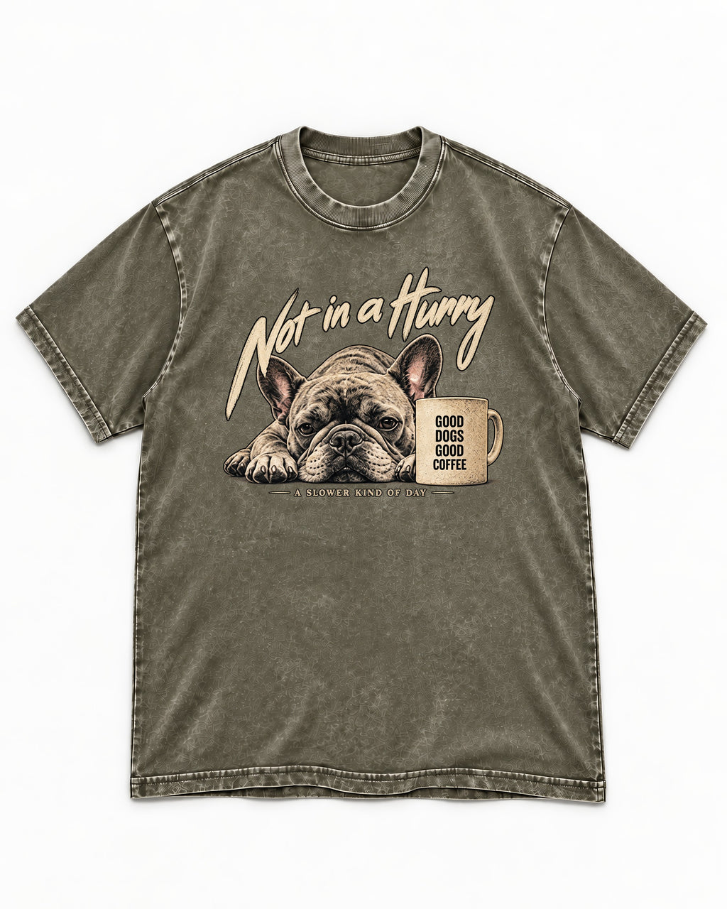 Frenchie Not in a Hurry Coffee Graphic Washed Tee in Army Green, flat lay product photo