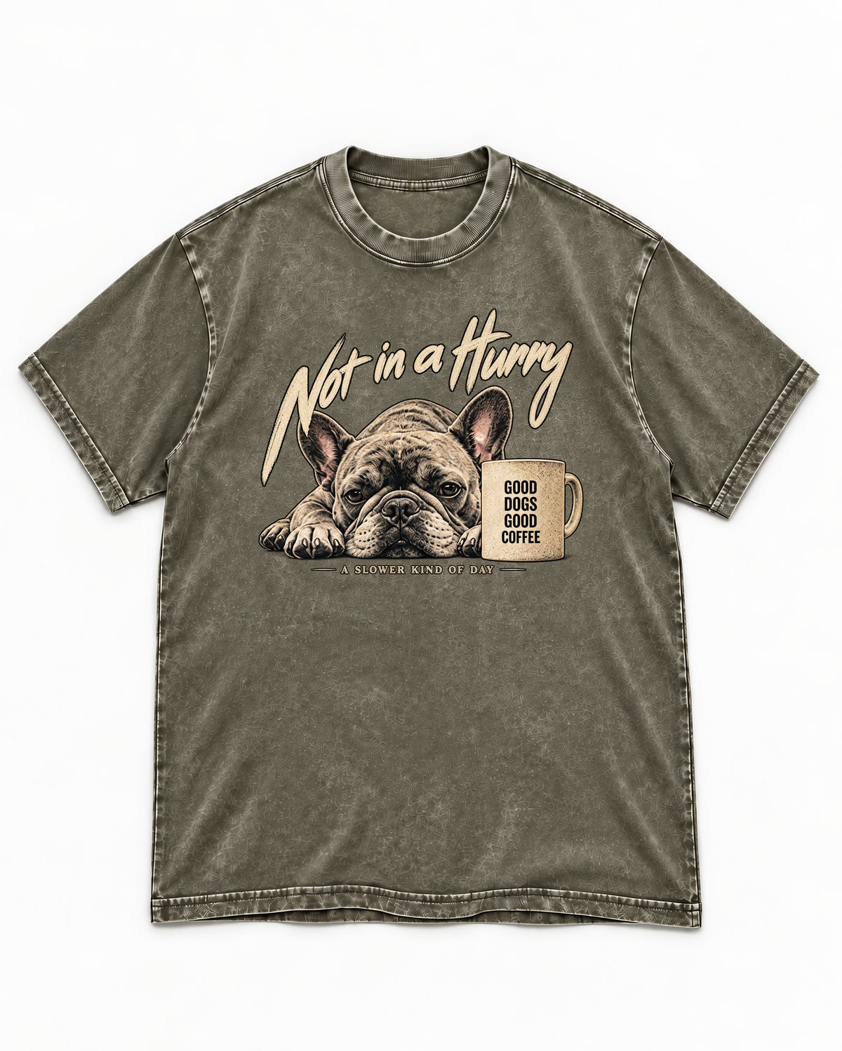 Frenchie Not in a Hurry Coffee Graphic Washed Tee in Army Green, flat lay product photo