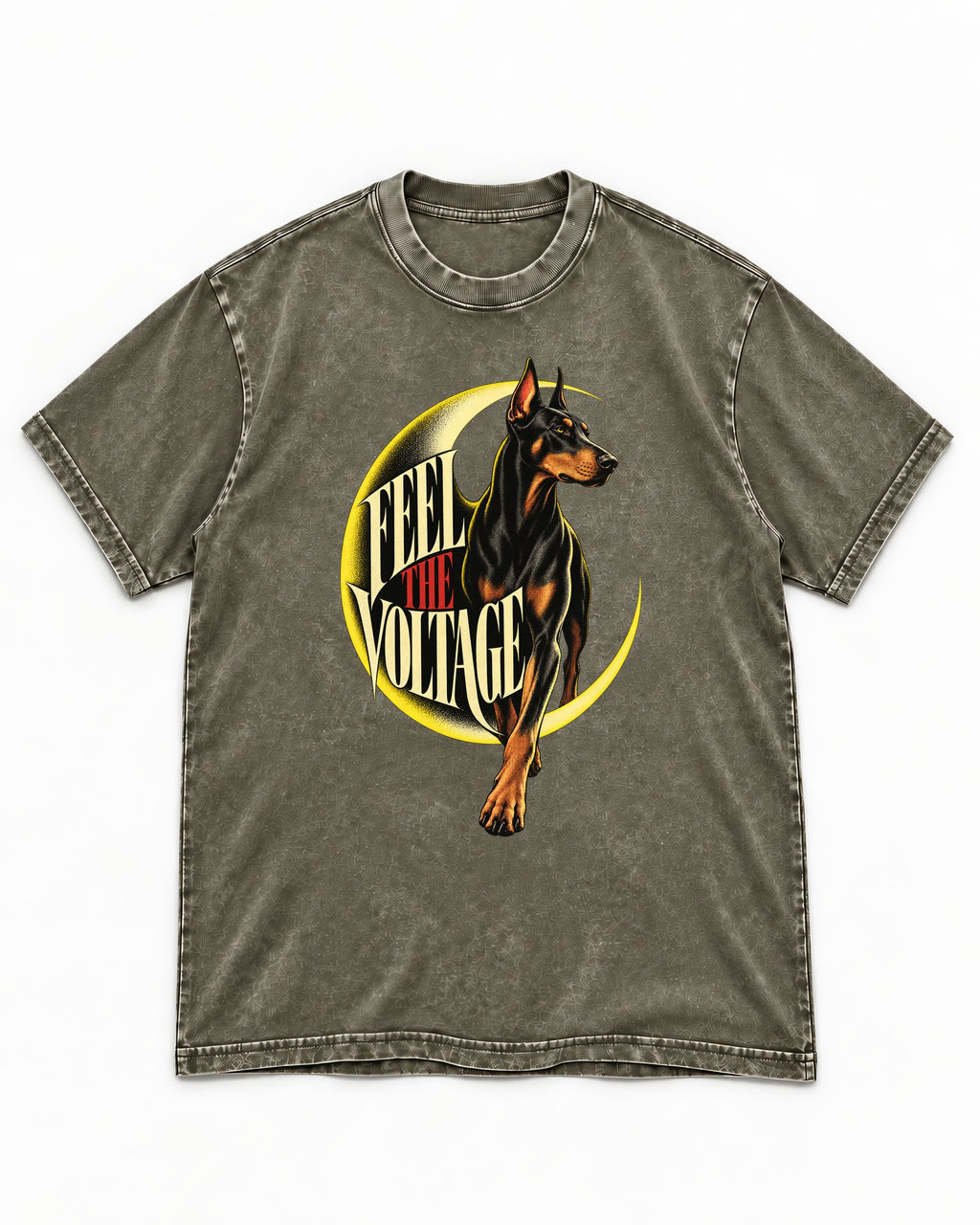 Doberman Feel the Voltage Crescent Portrait Graphic Washed Tee in Army Green, flat lay product photo