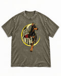 Doberman Feel the Voltage Crescent Portrait Graphic Washed Tee in Army Green, flat lay product photo