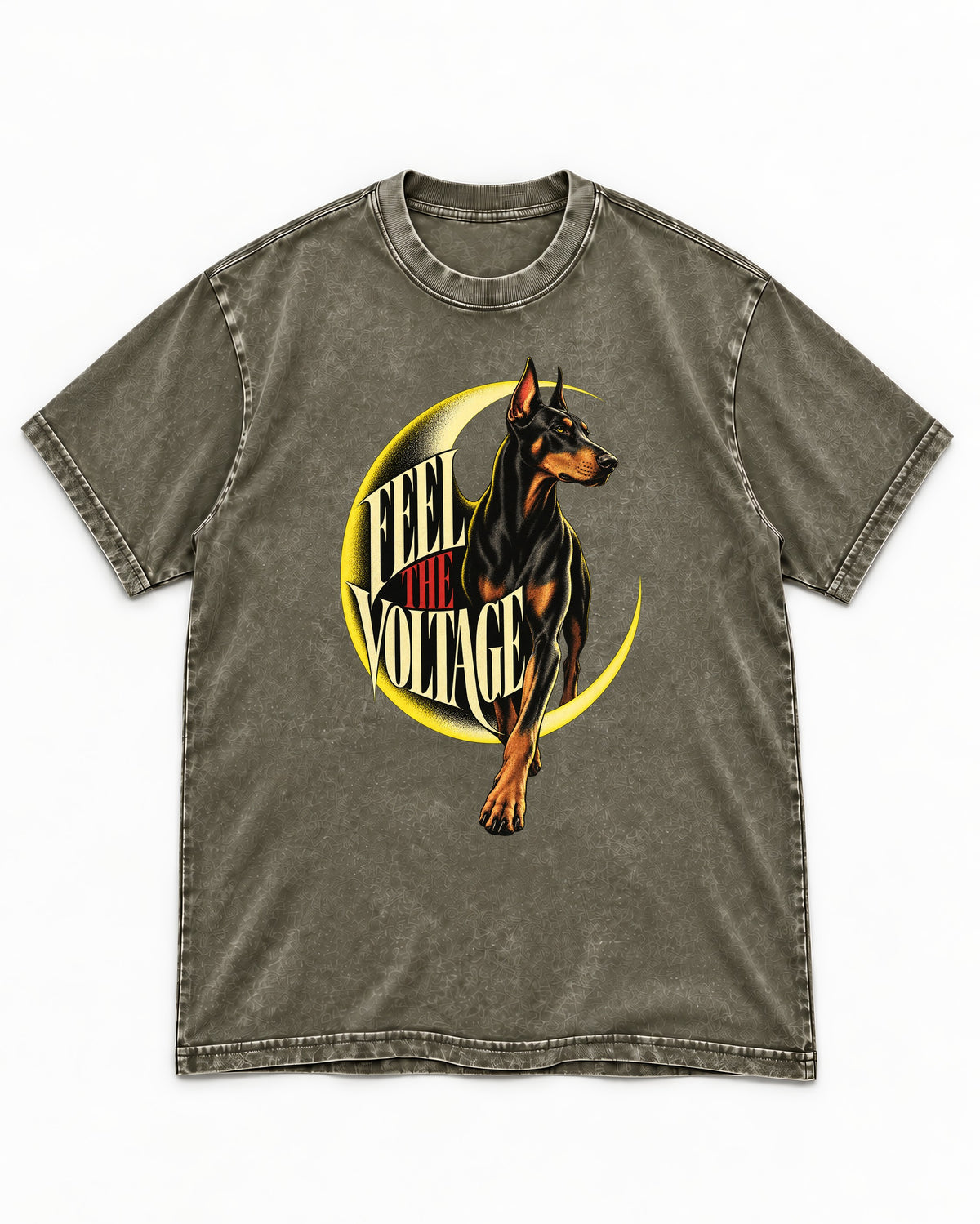 Doberman Feel the Voltage Crescent Portrait Graphic Washed Tee in Army Green, flat lay product photo