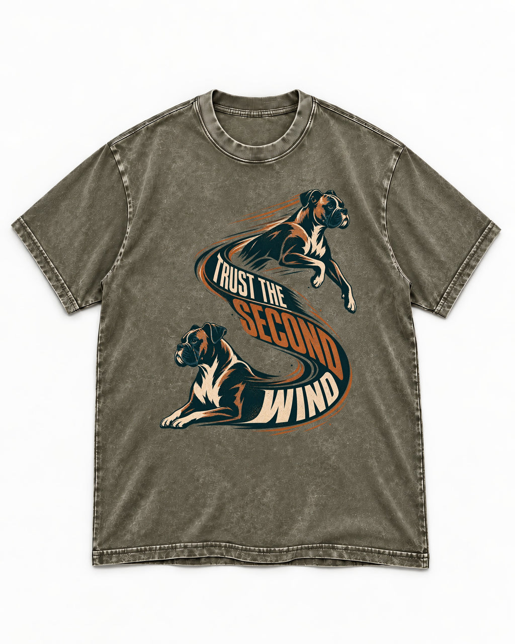 Trust the Second Wind Boxer Motion Graphic Washed Tee in Army Green, flat lay product photo