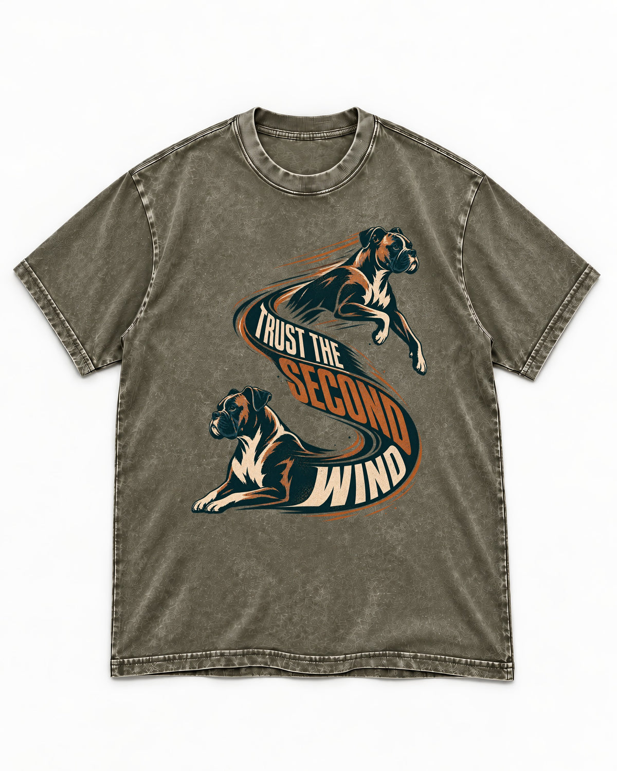 Trust the Second Wind Boxer Motion Graphic Washed Tee in Army Green, flat lay product photo