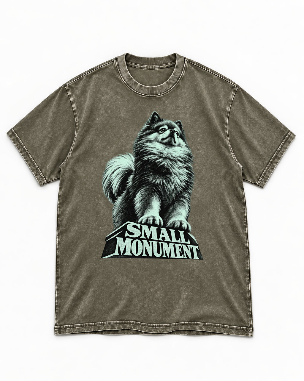 Pomeranian Small Monument Pedestal Graphic Washed Tee in Army Green, flat lay product photo