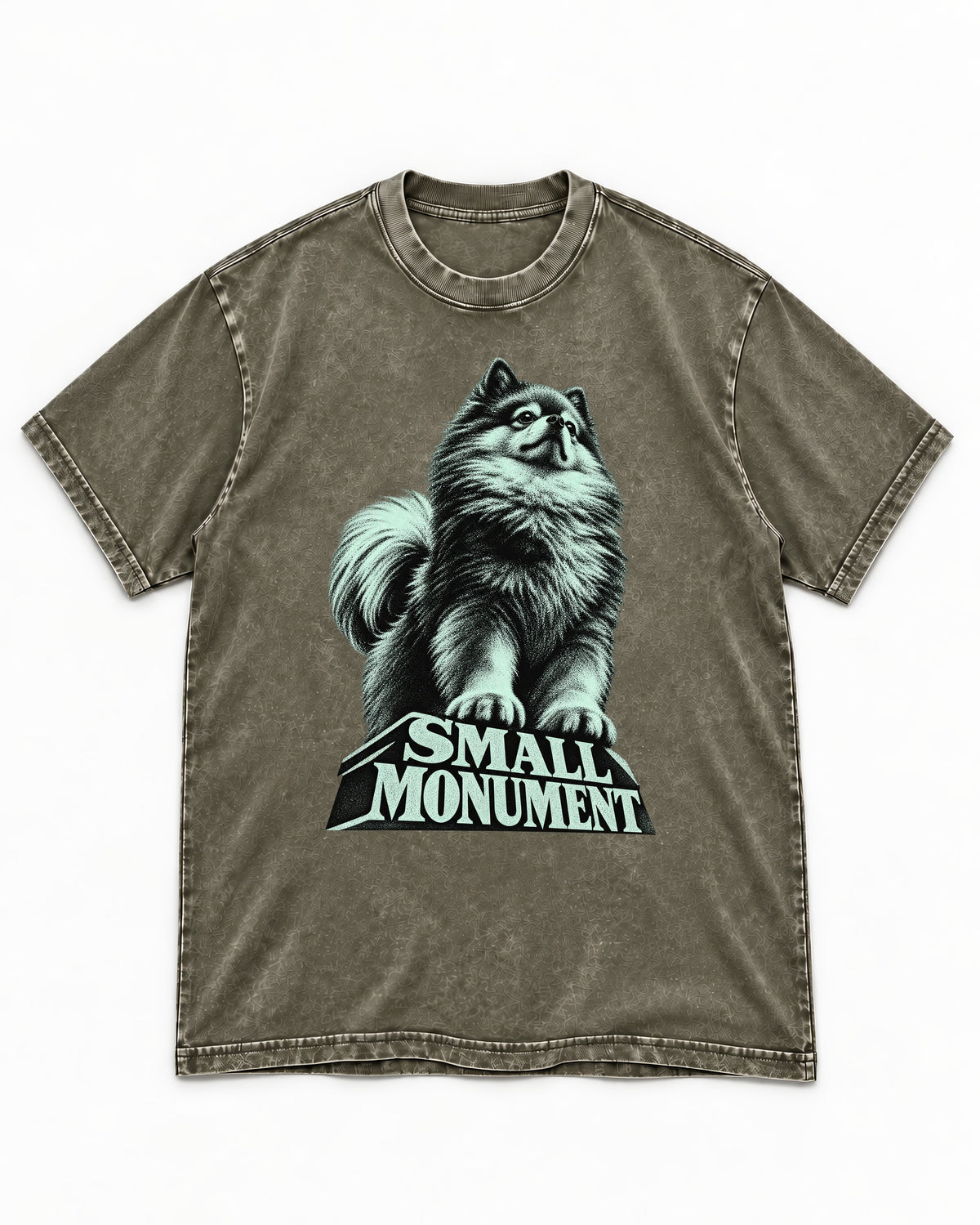 Pomeranian Small Monument Pedestal Graphic Washed Tee in Army Green, flat lay product photo
