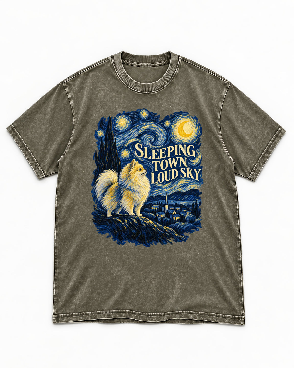Pomeranian Sleeping Town Loud Sky Starry Night Graphic Washed Tee in Army Green, flat lay product photo