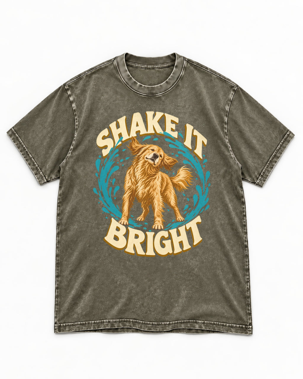 Golden Retriever Shake It Bright Water Ring Graphic Washed Tee in Army Green, flat lay product photo