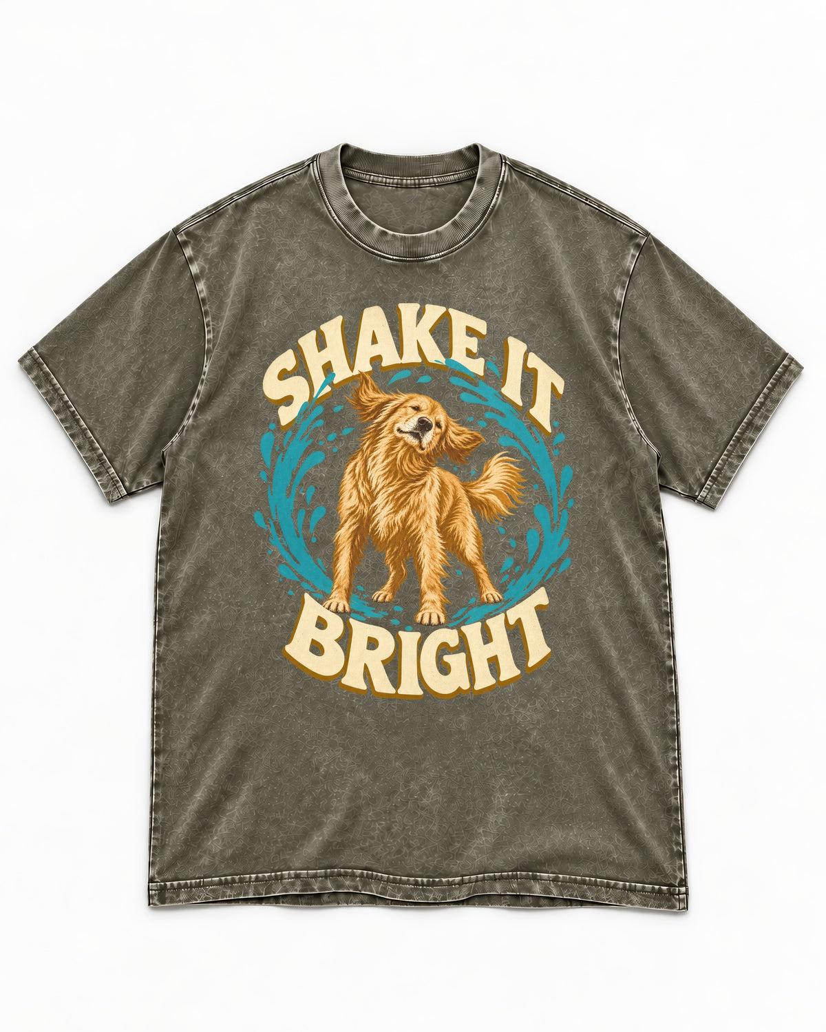 Golden Retriever Shake It Bright Water Ring Graphic Washed Tee in Army Green, flat lay product photo
