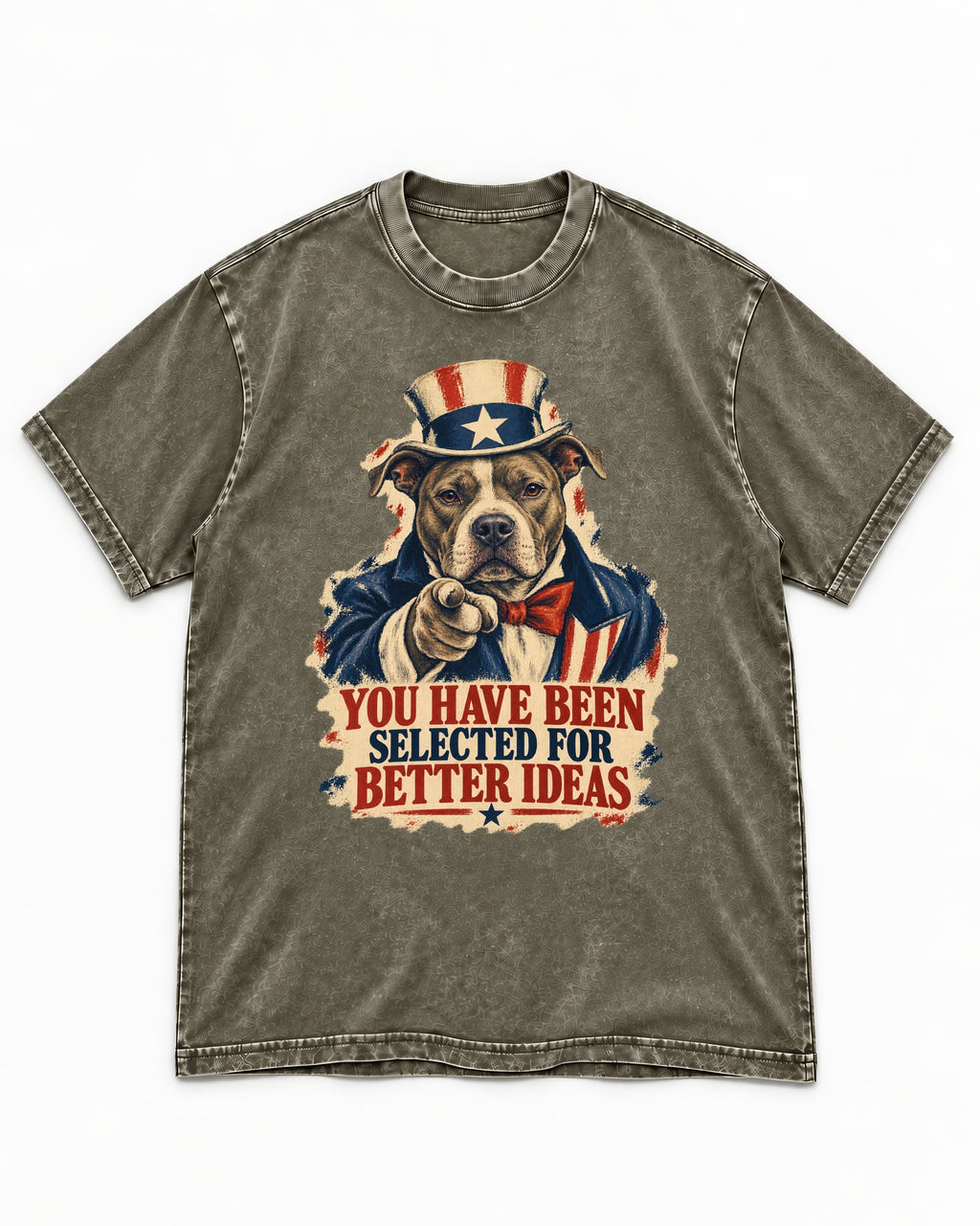 Pitbull You Have Been Selected for Better Ideas Uncle Sam Graphic Washed Tee in Army Green, flat lay product photo