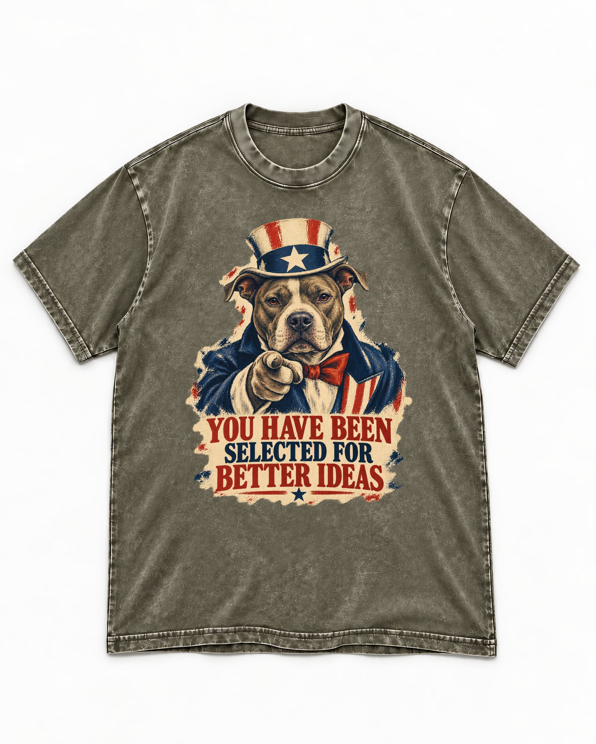 Pitbull You Have Been Selected for Better Ideas Uncle Sam Graphic Washed Tee in Army Green, flat lay product photo