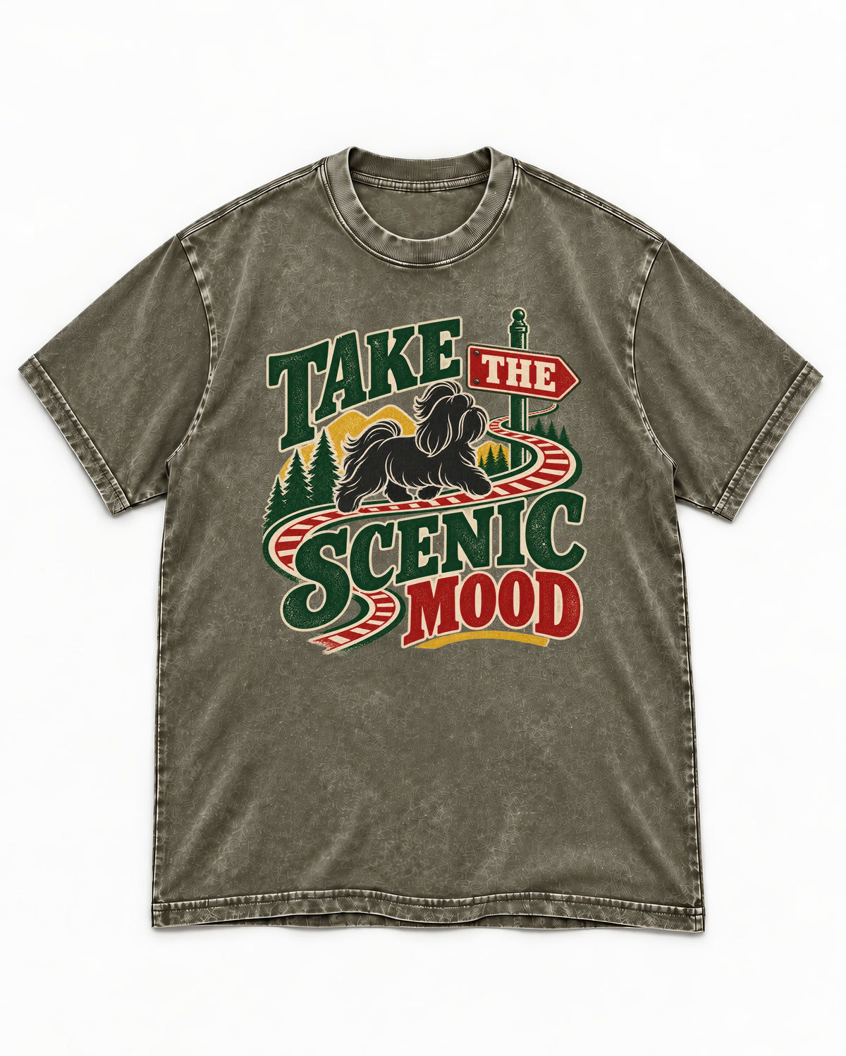 Shih Tzu Take the Scenic Mood Road Sign Graphic Washed Tee in Army Green, flat lay product photo