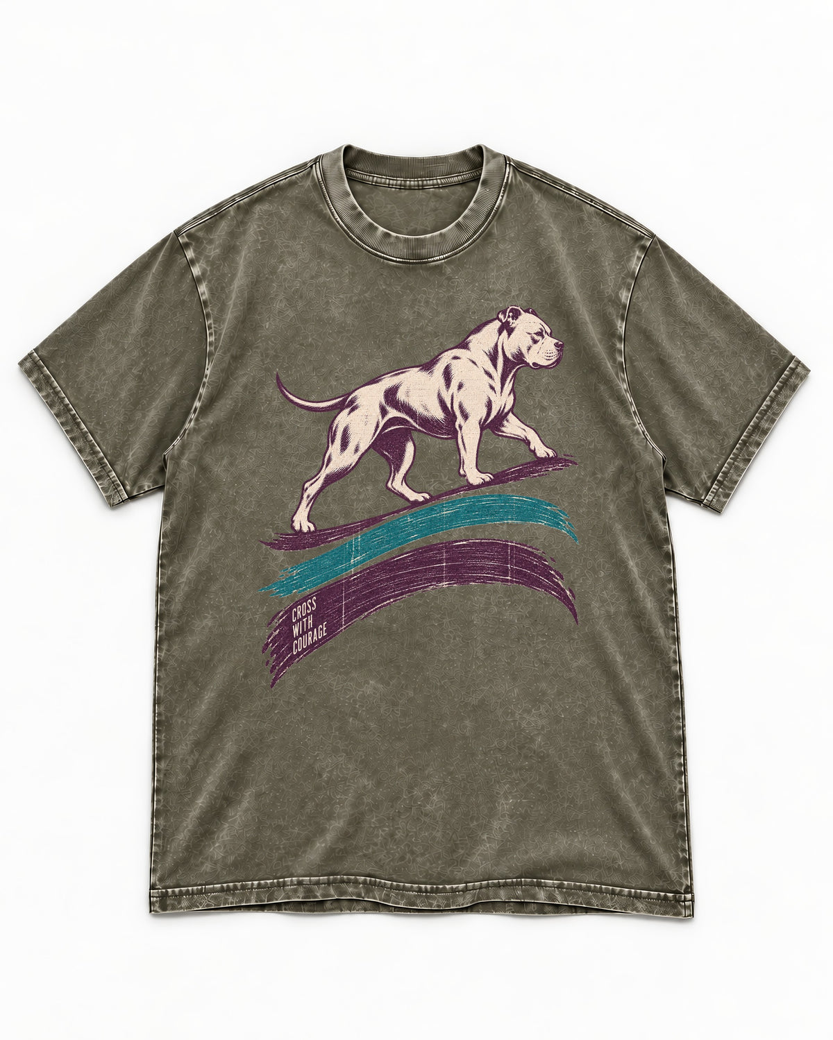 Pitbull Cross with Courage Brushstroke Graphic Washed Tee in Army Green, flat lay product photo