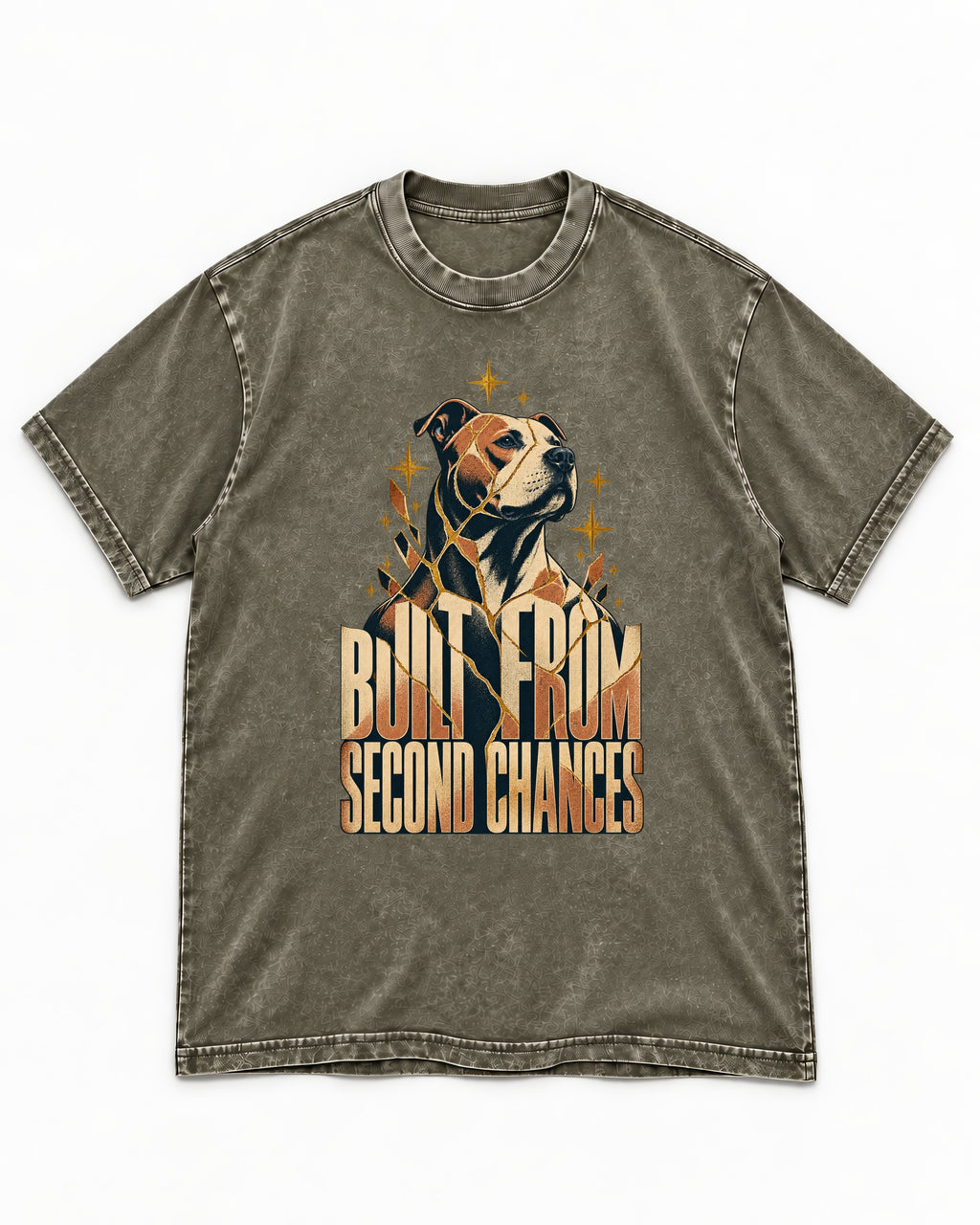 Pitbull Built from Second Chances Kintsugi Graphic Washed Tee in Army Green, flat lay product photo