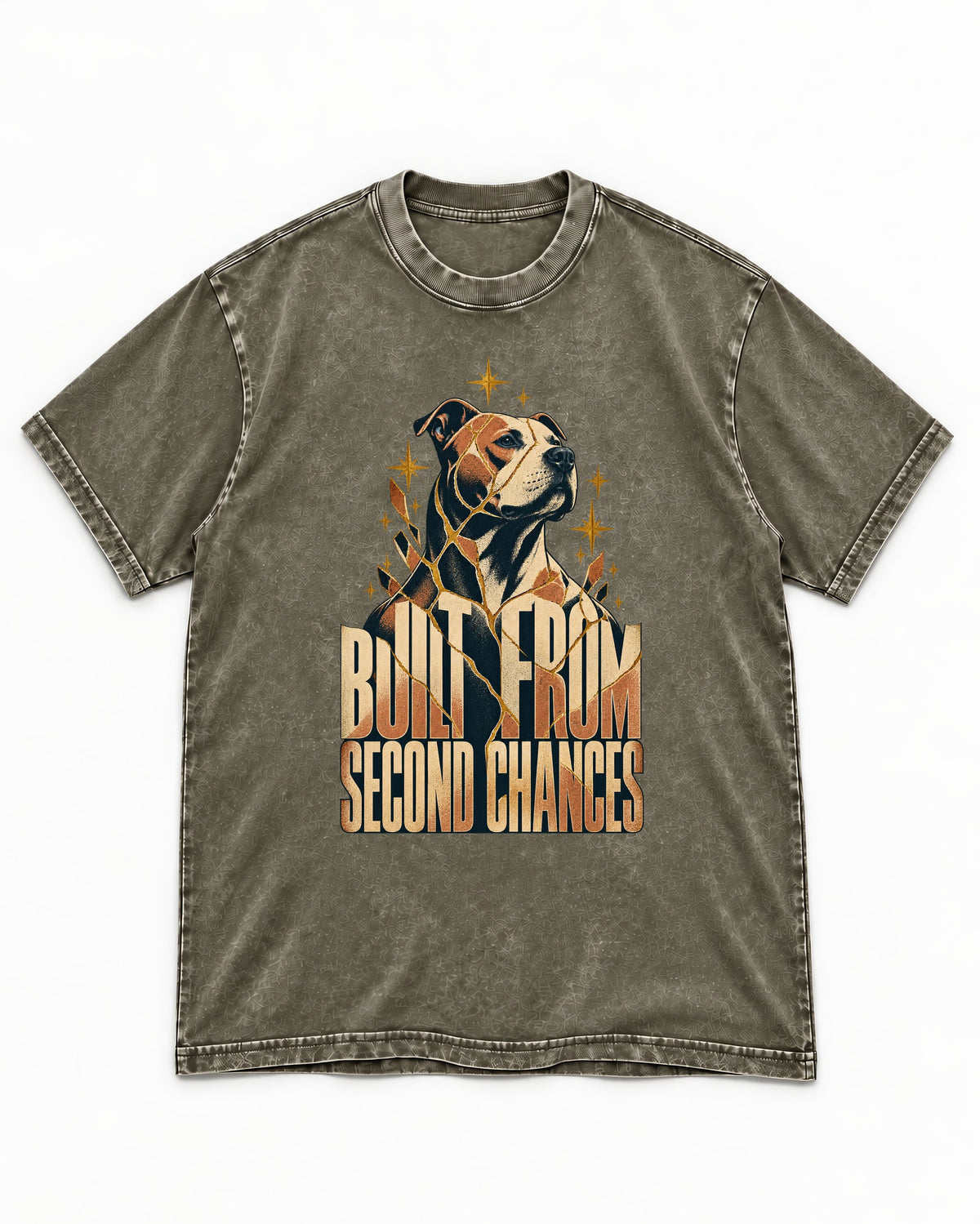 Pitbull Built from Second Chances Kintsugi Graphic Washed Tee in Army Green, flat lay product photo