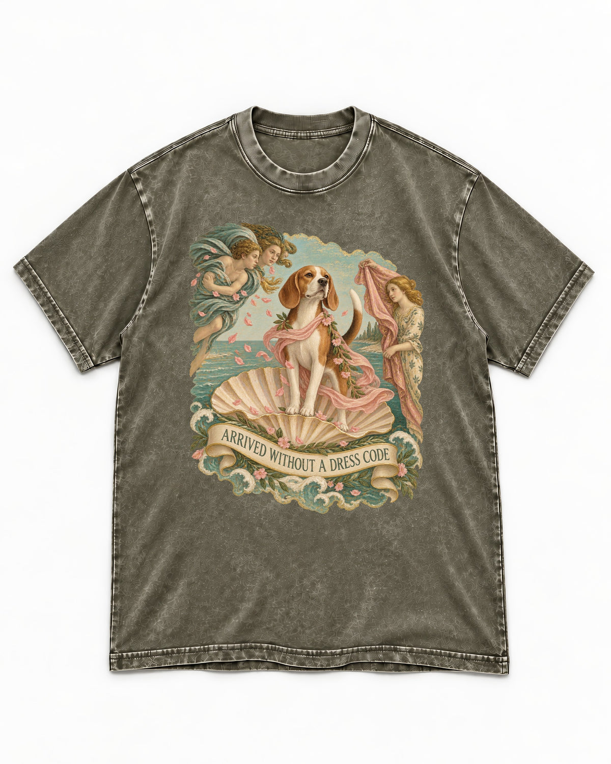Beagle Arrived Without A Dress Code Washed Tee in Army Green, flat lay product photo