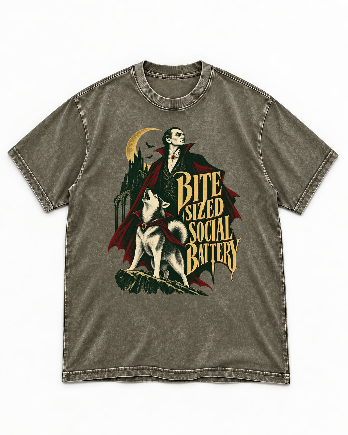 Husky Bite Sized Social Battery Vampire Graphic Washed Tee in Army Green, flat lay product photo