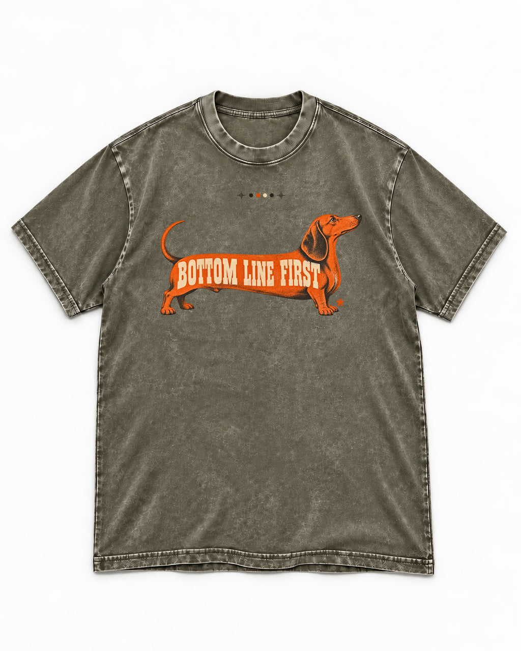 Dachshund Bottom Line First Body Lettering Graphic Washed Tee in Army Green, flat lay product photo