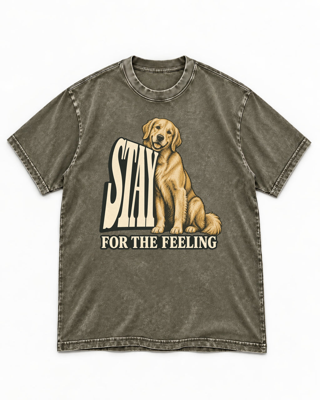 Golden Retriever Stay for the Feeling Leaning Puppy Graphic Washed Tee in Army Green, flat lay product photo