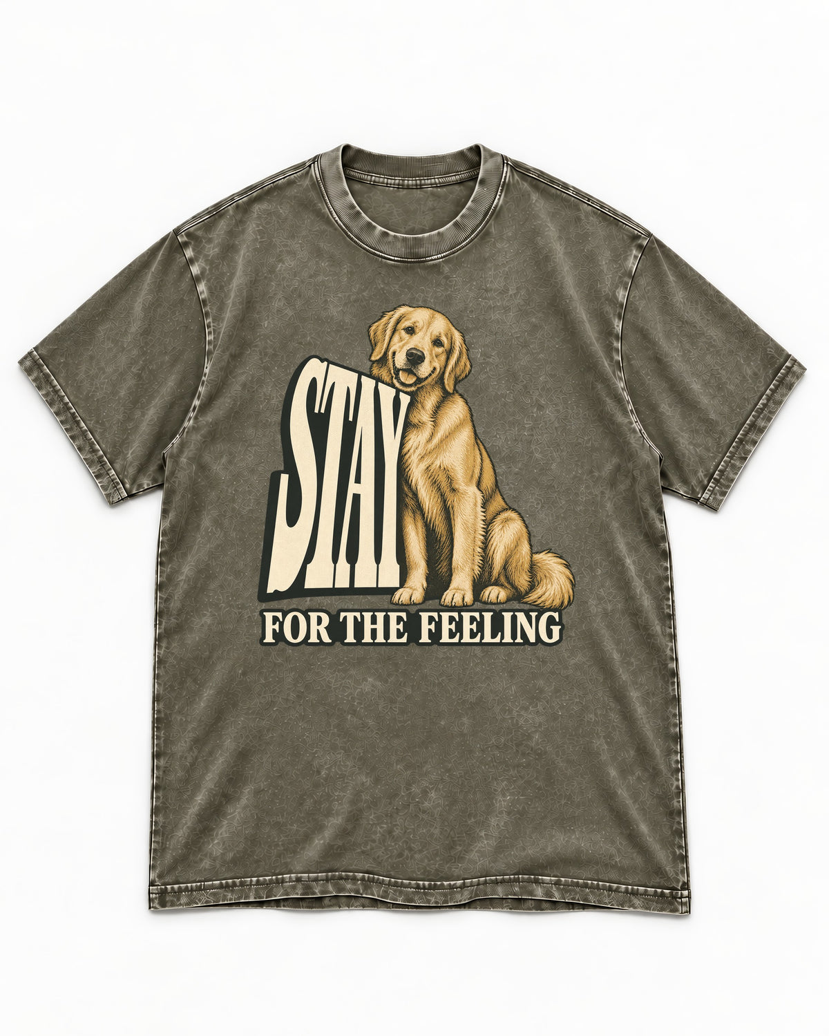 Golden Retriever Stay for the Feeling Leaning Puppy Graphic Washed Tee in Army Green, flat lay product photo