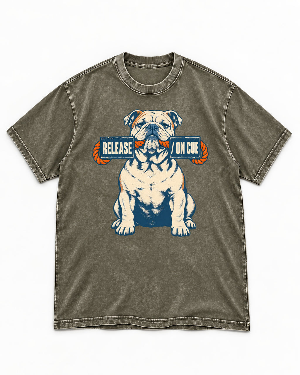 English Bulldog Release on Cue Rope Sign Graphic Washed Tee in Army Green, flat lay product photo