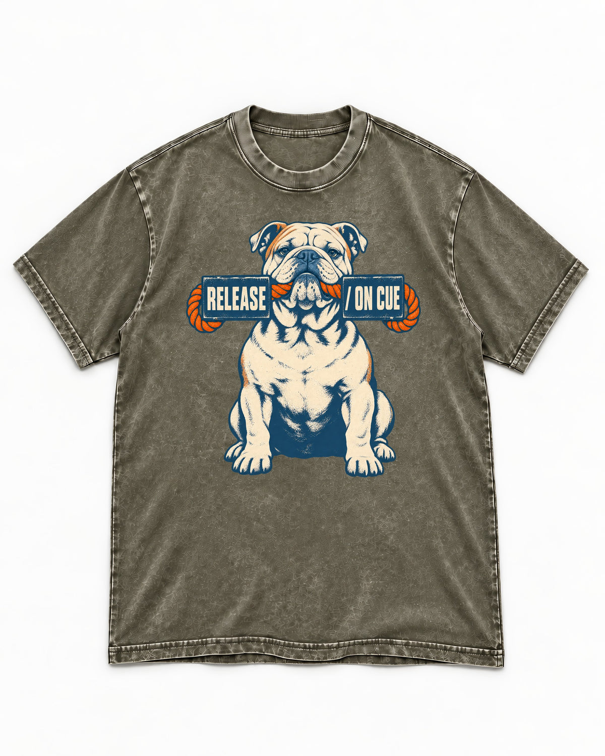 English Bulldog Release on Cue Rope Sign Graphic Washed Tee in Army Green, flat lay product photo