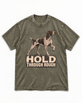 German Shorthaired Pointer Hold Through Rough Vintage Graphic Washed Tee in Army Green, flat lay product photo
