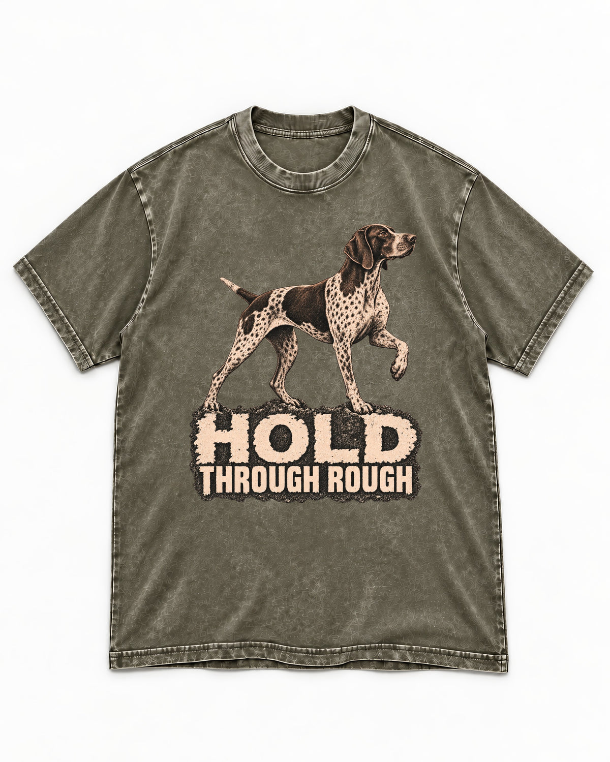 German Shorthaired Pointer Hold Through Rough Vintage Graphic Washed Tee in Army Green, flat lay product photo
