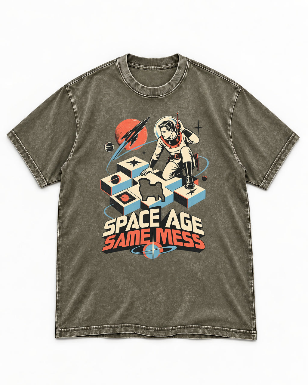 Pug Space Age Same Mess Astronaut Graphic Washed Tee in Army Green, flat lay product photo