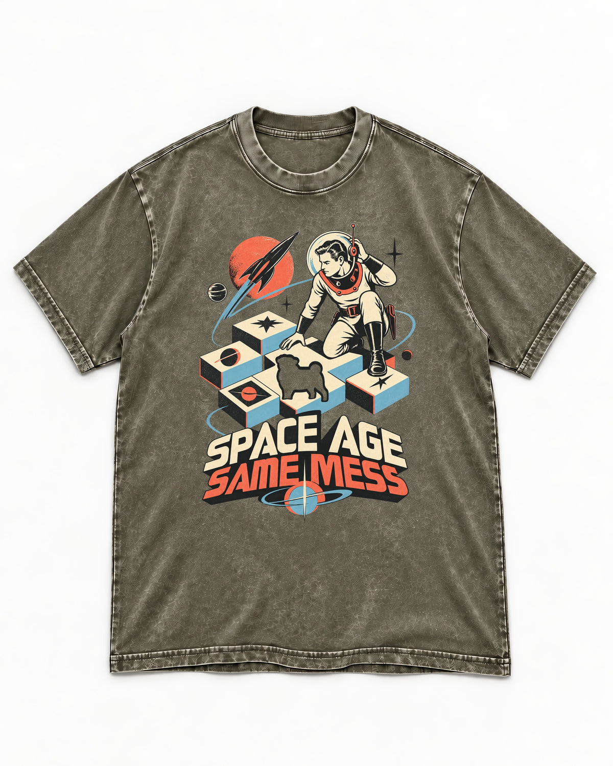 Pug Space Age Same Mess Astronaut Graphic Washed Tee in Army Green, flat lay product photo