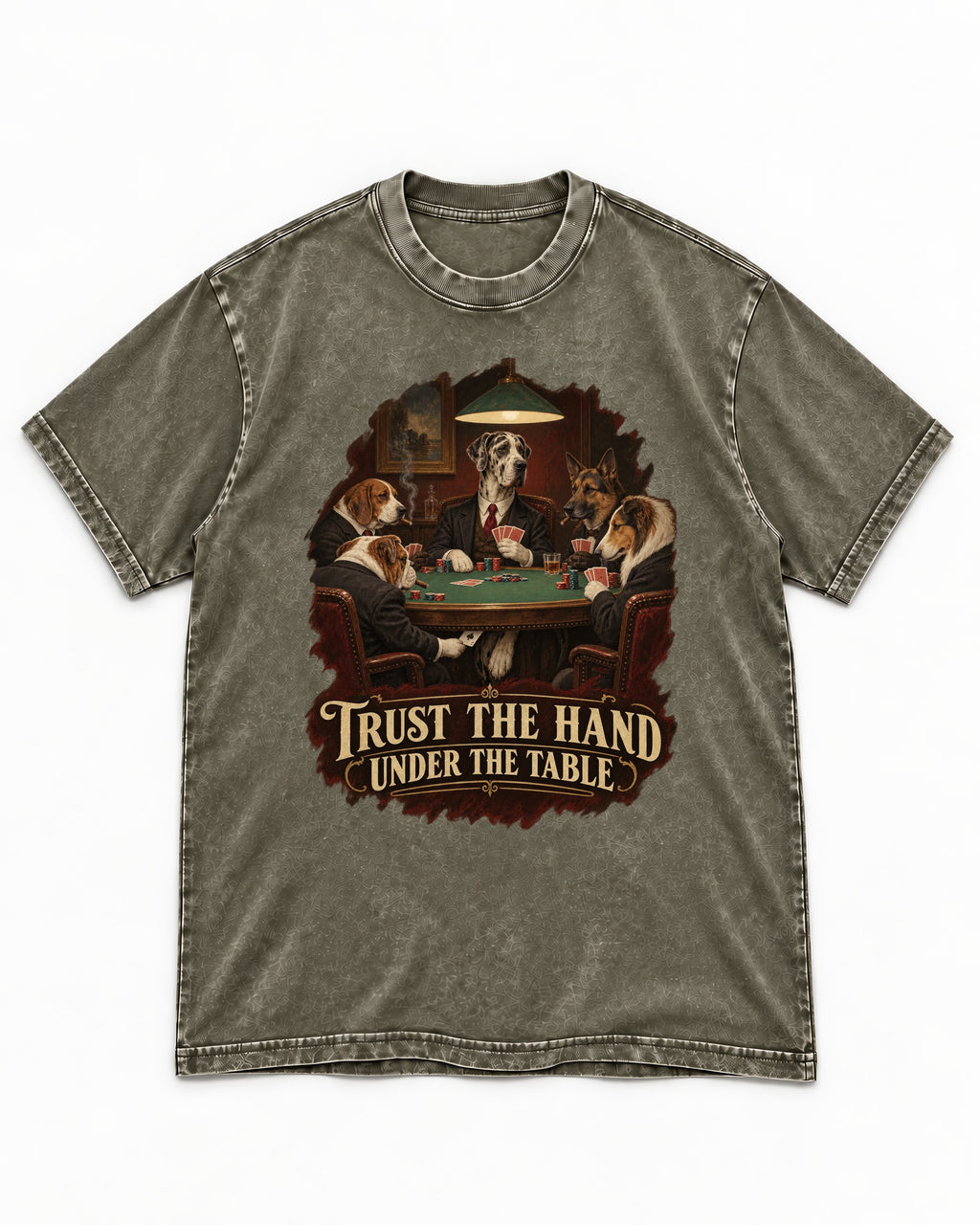 Great Dane Trust the Hand Under the Table Poker Graphic Washed Tee in Army Green, flat lay product photo
