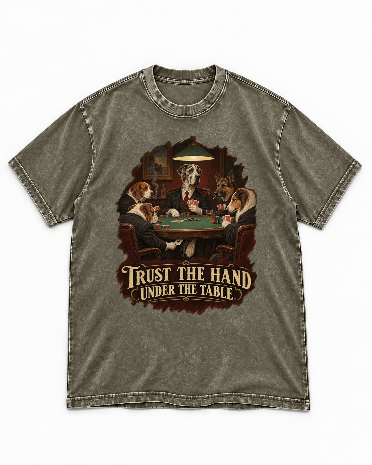 Great Dane Trust the Hand Under the Table Poker Graphic Washed Tee in Army Green, flat lay product photo
