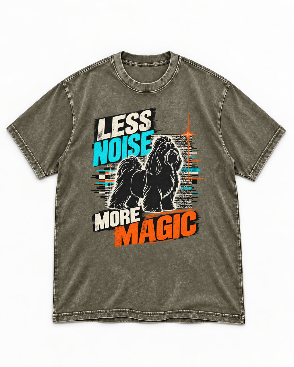 Shih Tzu Less Noise More Magic Pop Art Graphic Washed Tee in Army Green, flat lay product photo