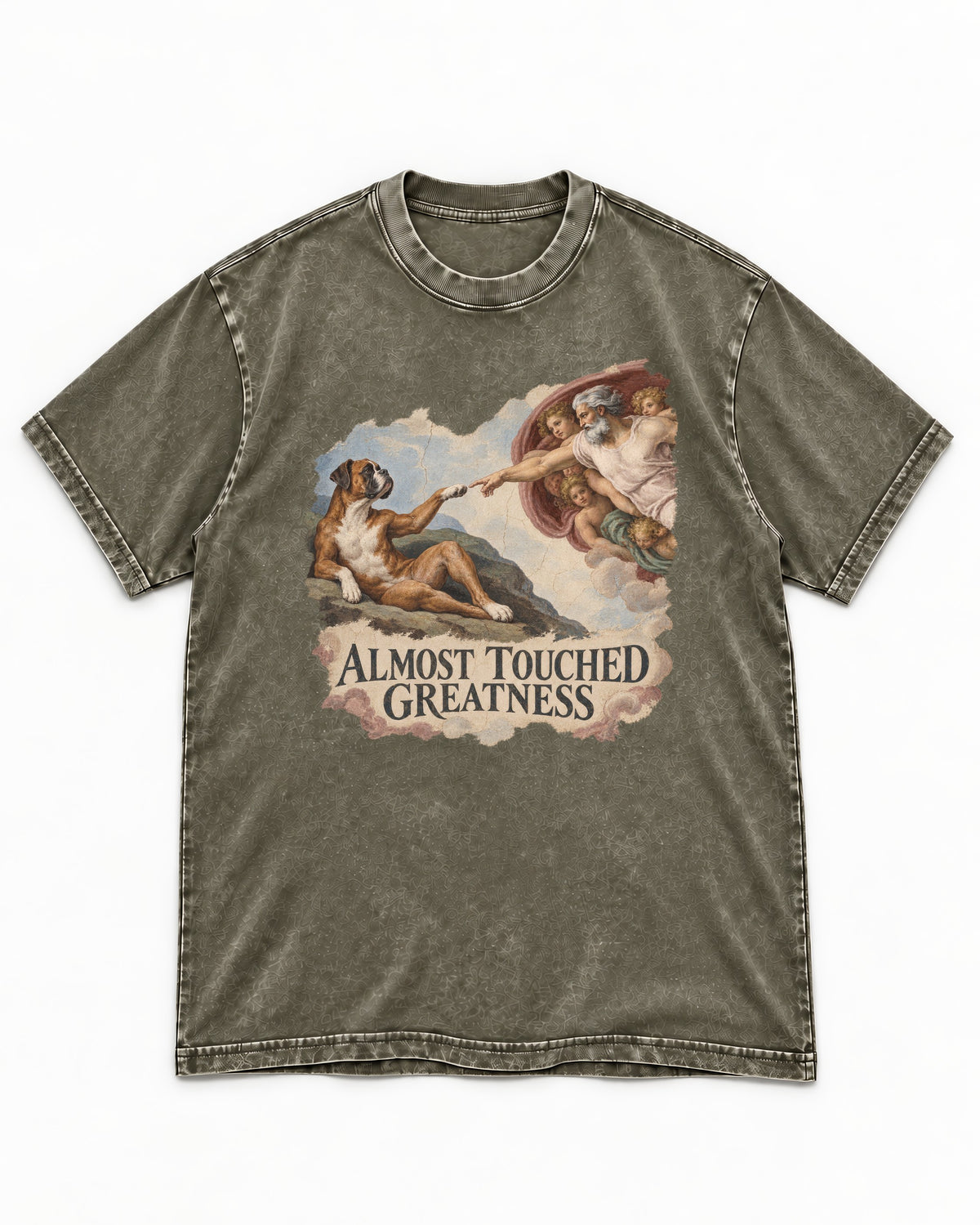 Almost Touched Greatness Boxer Creation Fresco Graphic Washed Tee in Army Green, flat lay product photo
