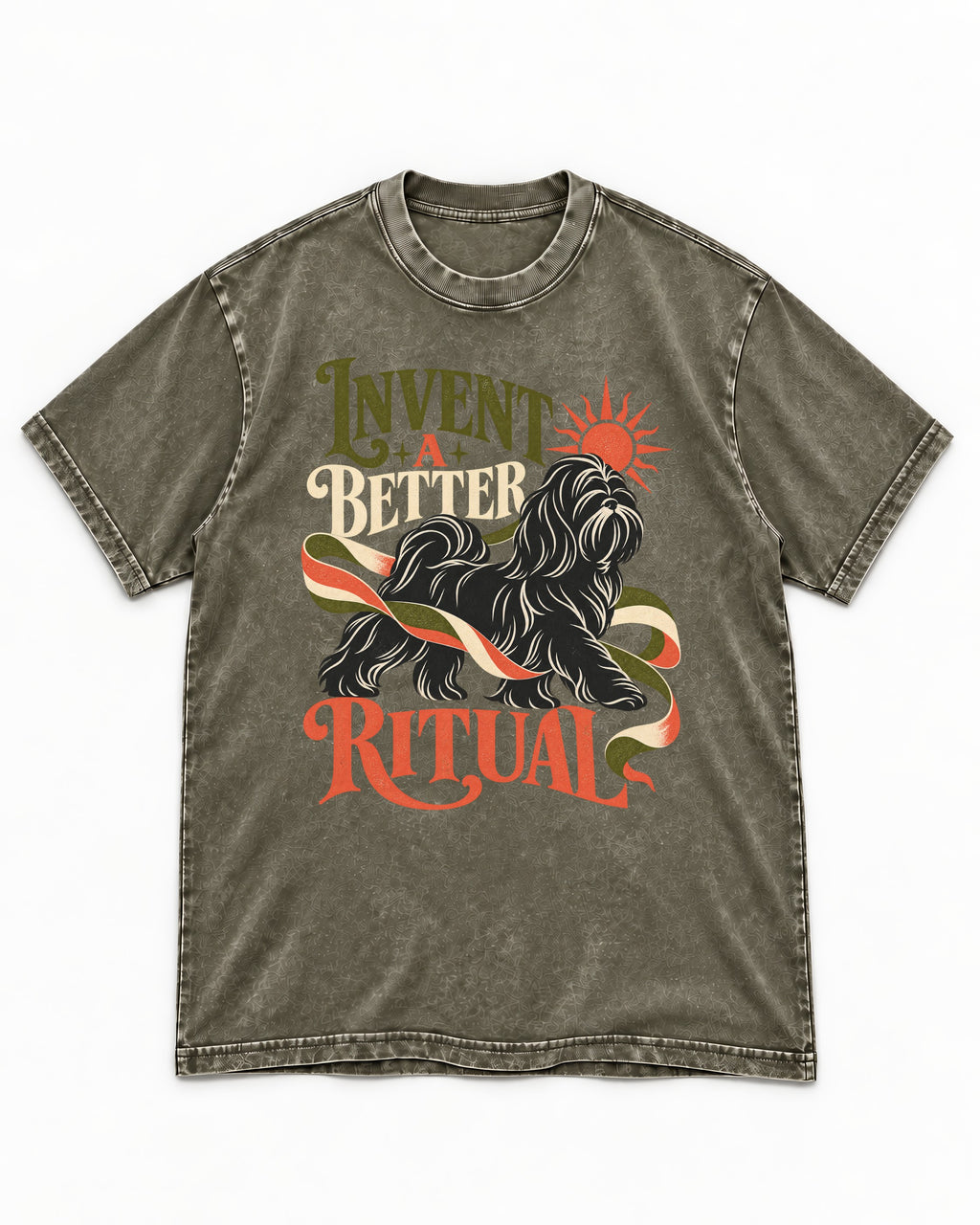 Shih Tzu Invent A Better Ritual Sunrise Ribbon Graphic Washed Tee in Army Green, flat lay product photo