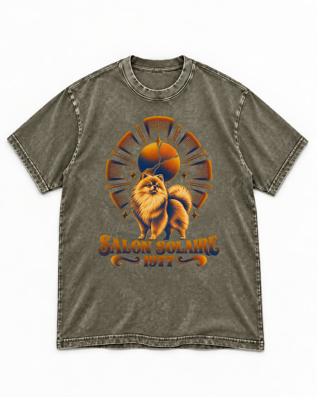 Pomeranian Salon Solaire 1977 Hairbrush Halo Graphic Washed Tee in Army Green, flat lay product photo