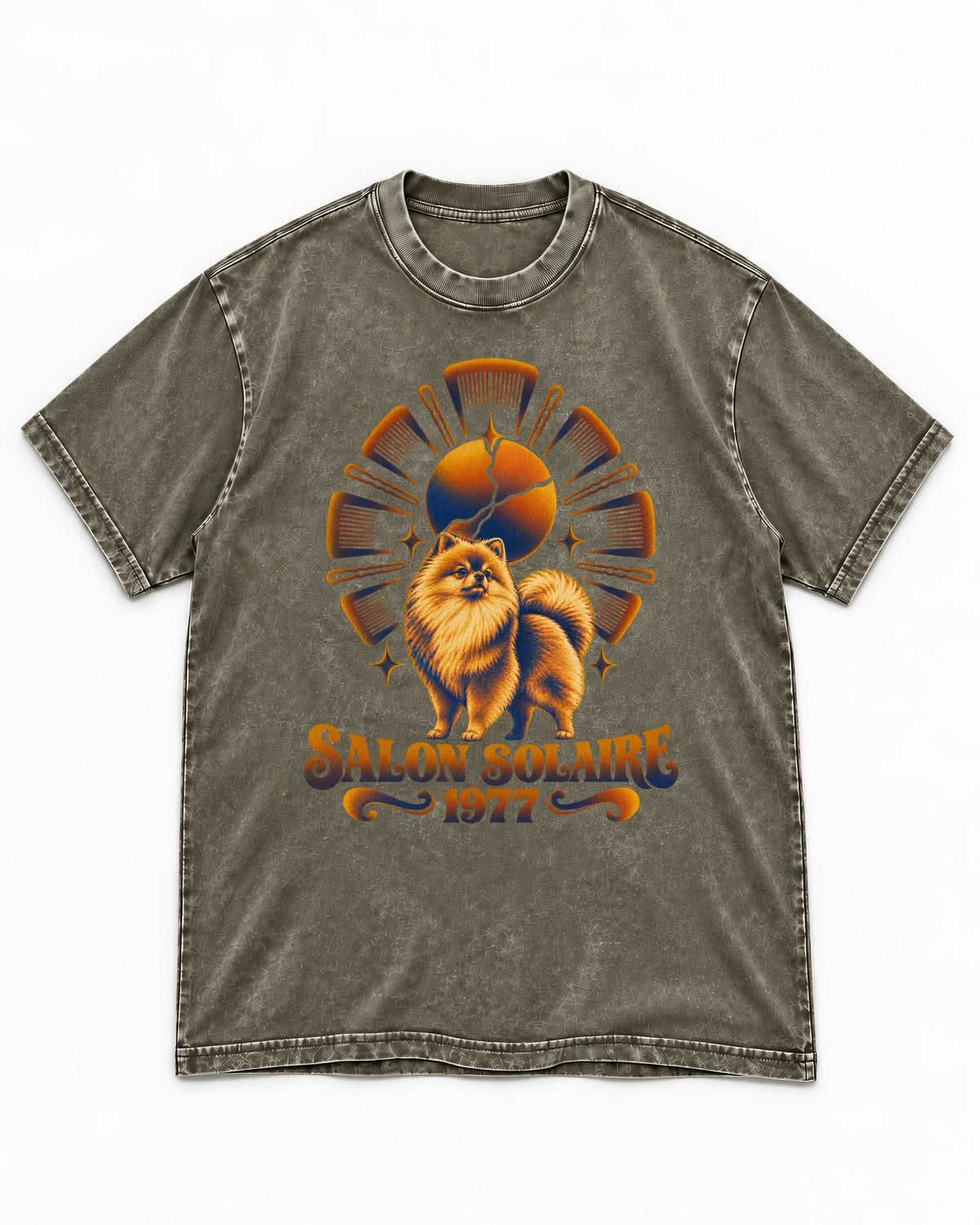 Pomeranian Salon Solaire 1977 Hairbrush Halo Graphic Washed Tee in Army Green, flat lay product photo